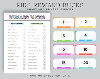 Kids Reward Bucks, Editable Kids Reward Chart, Printable Reward Coupons for Kids, Reward system, Play Money, Rainbow Reward Chart