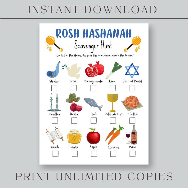 Rosh Hashanah Scavenger Hunt, Rosh Hashanah Game, Printable Scavenger Hunt, Kids Activity, Hunt ...