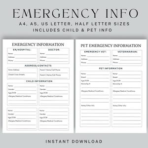 Hoja de información de emergencia, información de emergencia para niños, formulario de cuidado infantil, información de emergencia para mascotas, notas para cuidadores de mascotas, carta de EE. UU., media carta, A4, A5