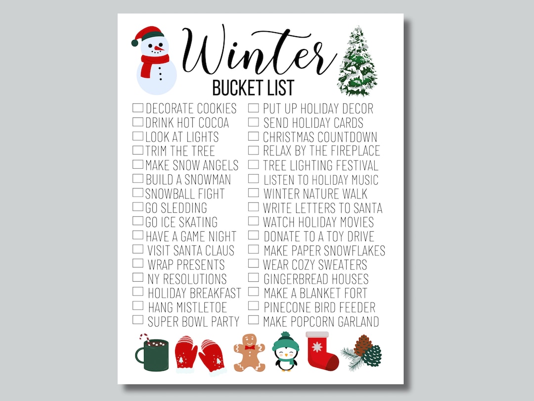 Winter Bucket List, Holiday Bucket List, Winter Checklist, Holiday Bucket List Printable, Winter ...