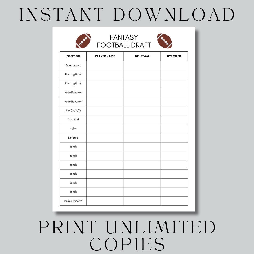 Fantasy Football Draft Sheet: US Letter, A4, A5 (instant Download PDF ...