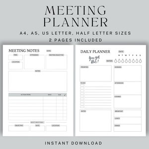 Meeting Planner, Work Planner Pages, Action Items, Meeting Notes, Agenda Planner, Daily Planner Page, Project Planner, Note Taking Pages