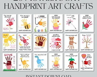 May include: A digital download featuring 20 Mother's Day handprint art crafts. Each card has a unique design with handprints, text, and illustrations. The cards include phrases like "I love you more than cupcakes" and "Happy Mother's Day."