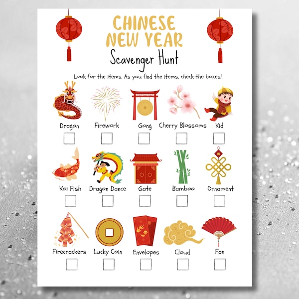 Chinese New Year Scavenger Hunt, Lunar New Year Game, Year of the Dragon, Chinese New Year Activity Bundle, Lunar New Year Printable Games