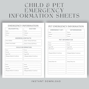 Child & Pet Emergency Information Sheet: Babysitter Printable (Digital Download)