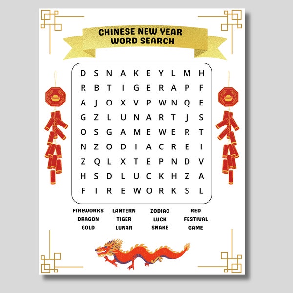 Chinese New Year Word Search, Lunar New Year Word Search, Chinese New Year Kids Activity, Happy Chinese New Year