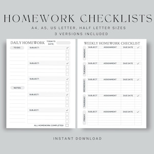 Daily & Weekly Homework Checklist: Fillable Student Planner (Digital Download)