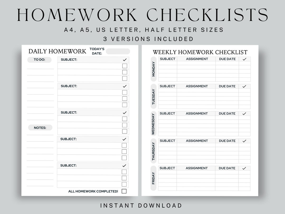 Homework Checklists, Daily Homework Planner, Weekly Homework Checklist ...