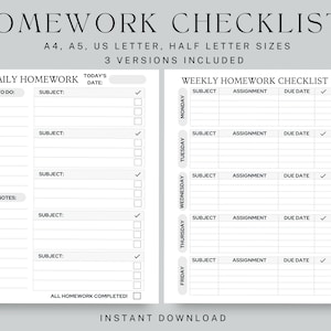 Huiswerkchecklists, dagelijkse huiswerkplanner, wekelijkse huiswerkchecklist, leerlingvolgsysteem, invulbaar, maten US Letter, halve letter, A4, A5