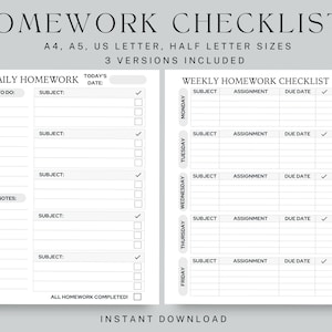 Homework Checklists, Daily Homework Planner, Weekly Homework Checklist, Student Tracker, Fillable, Sizes US Letter, Half Letter, A4, A5