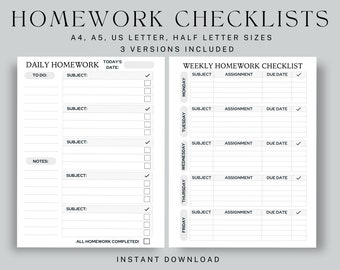 Homework Checklists, Daily Homework Planner, Weekly Homework Checklist, Student Tracker, Fillable, Sizes US Letter, Half Letter, A4, A5