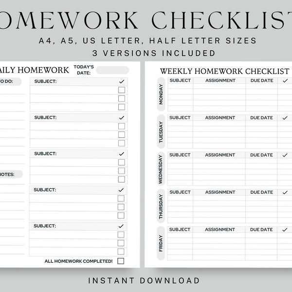 Homework Checklists, Daily Homework Planner, Weekly Homework Checklist, Student Tracker, Fillable, Sizes US Letter, Half Letter, A4, A5