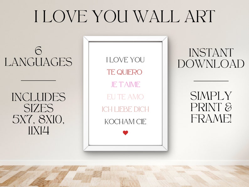I Love You Wall Art, I Love You Print, Multilanguage Sign, Valentine's