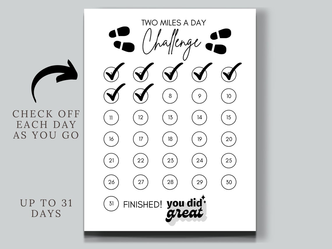 2 Miles a Day Challenge, Two Miles a Day Tracker, Running Tracker ...