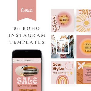 80 Boho Instagram Templates, Social Media Templates for Canva, Boho Instagram Post Templates, ECommerce, Etsy Seller, Content Creator