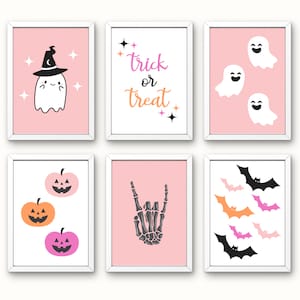 Impresiones de Halloween, Arte de pared, Conjunto de 6, Carteles de Halloween imprimibles, Lindas impresiones de Halloween, Decoración de Halloween, Halloween rosa