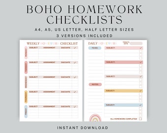 Boho Homework Checklist: Daily & Weekly Student Planner (Digital Download)