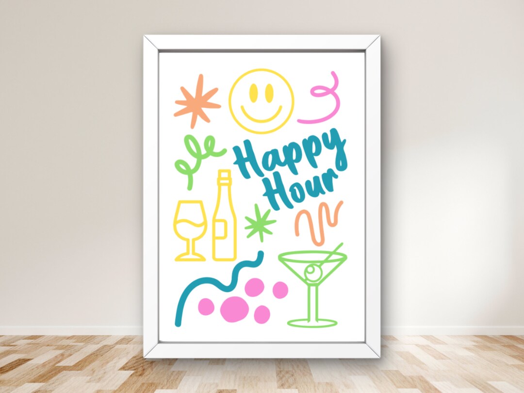 Happy Hour Bar Cart Print, Colorful Happy Hour Bar Cart Poster, Happy