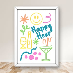 Happy Hour Bar Cart Print, Colorful Happy Hour Bar Cart Poster, Happy Hour Print, Cocktail Poster, Happy Hour Wall Art, Bar Cart Sign
