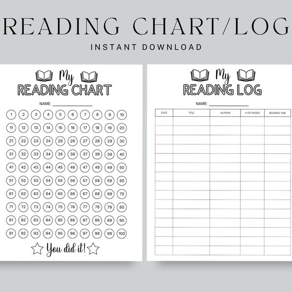Kids Printable Reading Chart, Reading Log, Reading Reward Chart, Book Log, 100 Books