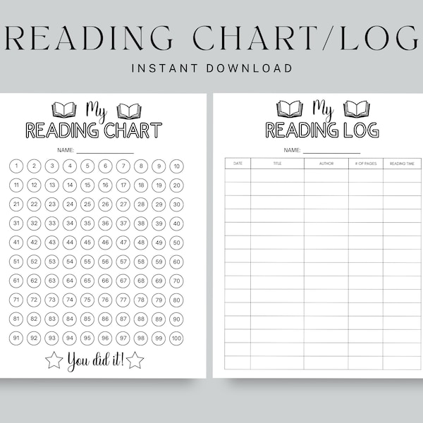 Kids Printable Reading Chart, Reading Log, Reading Reward Chart, Book Log, 100 Books