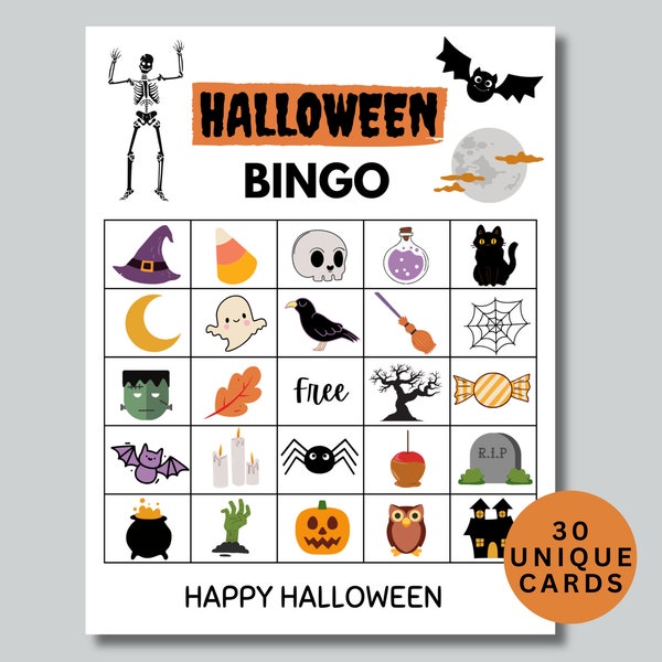 Halloween Bingo, 30 Bingo Cards, School Halloween Party Game, Halloween Classroom Game, Markers Included, Printable PDF, Instant Download