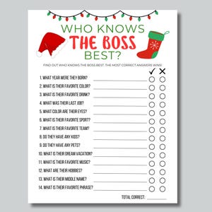 Christmas Who Knows The Boss beste spel, Office Who Knows The Boss beste spel, kerstfeest afdrukbaar spel, werkfeestspel, happy hour-spellen