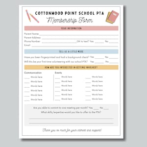 PTA Editable Membership Form, PTO Membership Form, US Letter, Half Letter
