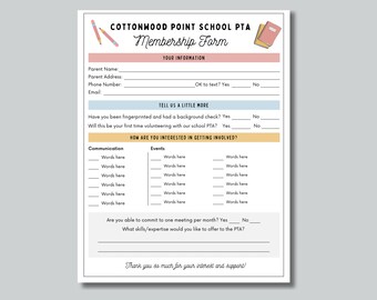 PTA Editable Membership Form, PTO Membership Form, US Letter, Half Letter