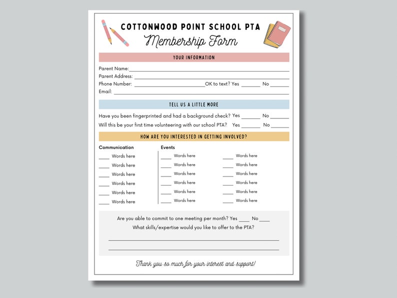Editable PTA Membership Form Template: US Letter, Half Letter (digital ...