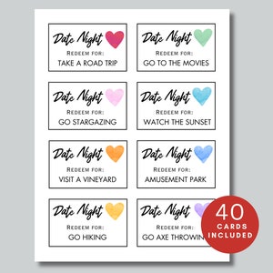40 druckbare Date Night Karten, Date Jar Ideen, Herz Date Night Ideenkarten, Date Night Coupons, Date Ideenkarten für Paare, Liebescoupons