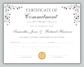 Marriage Certificate, Certificate of Commitment, Commitment Ceremony, Editable Template