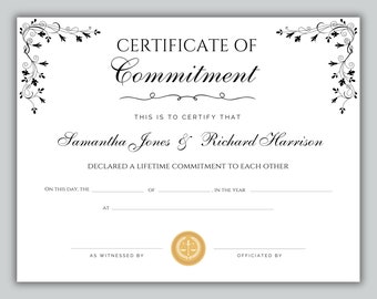 Marriage Certificate, Certificate of Commitment, Commitment Ceremony, Editable Template