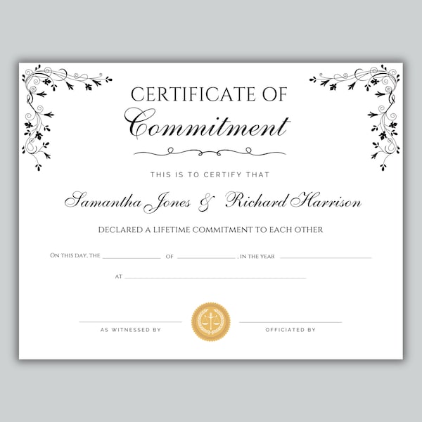 Marriage Certificate, Certificate of Commitment, Commitment Ceremony, Editable Template