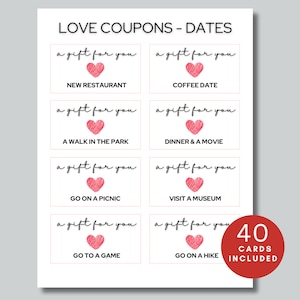 Coupons amour, Cadeau Saint-Valentin, Idées de pot datte, Cartes-idées pour un rendez-vous galant, Coupons pour rendez-vous galant, Coupons amour