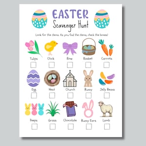 May include: A printable Easter scavenger hunt checklist with colourful illustrations of Easter-themed items, such as a chick, a bunny, a nest, a church, and a basket of carrots. The checklist includes checkboxes for each item.