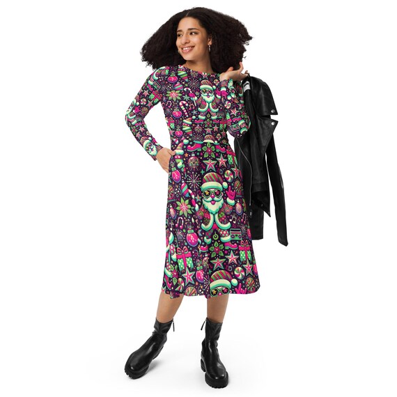 christmas print midi dress All-over Print Long Sleeve Who knew that this