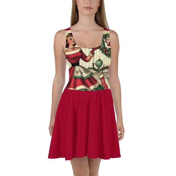 retro santa dress Santa Lady Retro Print Dress - Christmas Dress
