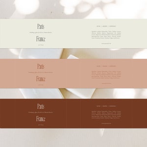 May include: Three rectangular labels with a brown, beige, and white background. The labels feature the text "Paris, France" and "Drinking a glass of red in Le Marais district". The labels also include the text "Rose | Smoke | Espresso" and a list of ingredients.