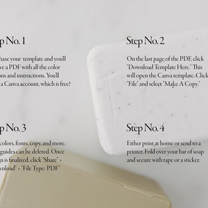 May include: Four steps to create a custom soap label using Canva. Step 1: Purchase a template. Step 2: Download the template. Step 3: Edit the template. Step 4: Print and fold the label.