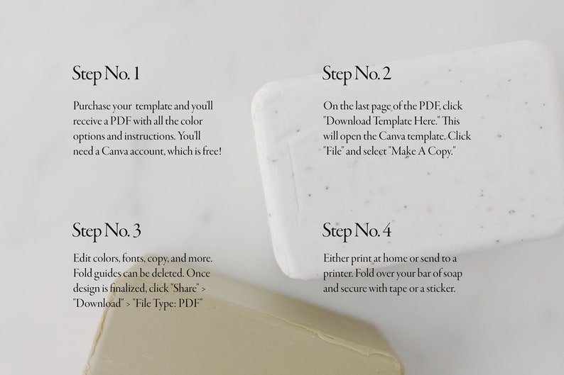 May include: Four steps to create a custom soap label using Canva. Step 1: Purchase a template. Step 2: Download the template. Step 3: Edit the template. Step 4: Print and fold the label.
