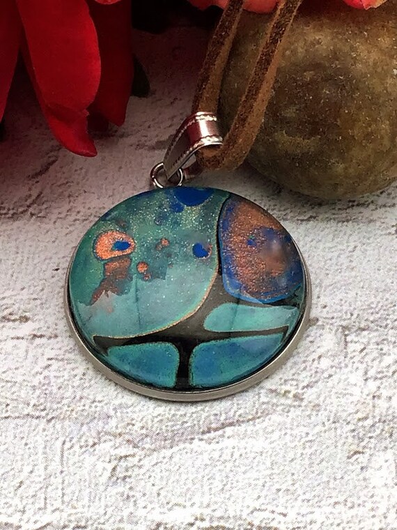 Fluid Art Necklace, Paint Pour Jewelry, Handmade Jewelry, Birthday Gift,  Boho Jewelry - Main Image