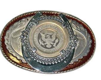 Vintage Belt Buckle w/ United States Half Dollar Coin Made in USA Horse Shoe