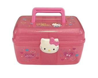 Caja organizadora vintage de Sanrio Hello Kitty del 2004, color rosa, fabricada en Japón. Estuche para guardar joyas.