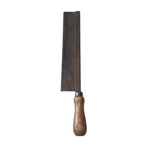 May include: A hand saw with a dark metal blade and a wooden handle. The blade is rectangular and appears to be made of steel. The handle is a light brown color and has a rounded shape.
