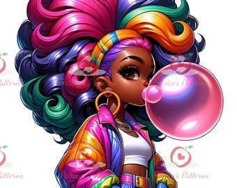 Instant Download PNG: Afro Girls Blowing Bubble Gum - Vibrant and Stylish Digital Art