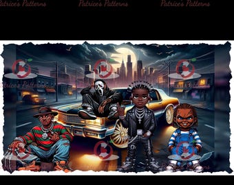 Urban Horror Character Print – Vintage Car Cityscape (Digital Download)