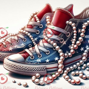 May include: A pair of red, white, and blue sneakers with white pearl necklaces wrapped around them. The sneakers are on a white background.
