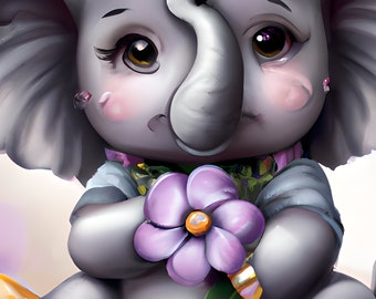 Baby Elephant with Purple Flower Art (PNG, PDF Download)