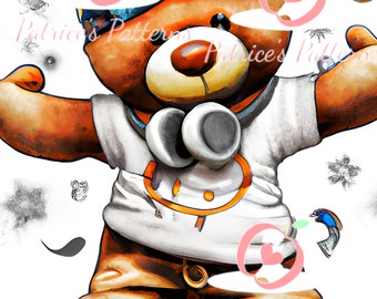 Hip Hop Teddy Bear Clipart | Watercolor PNG, PDF (Digital Download)
